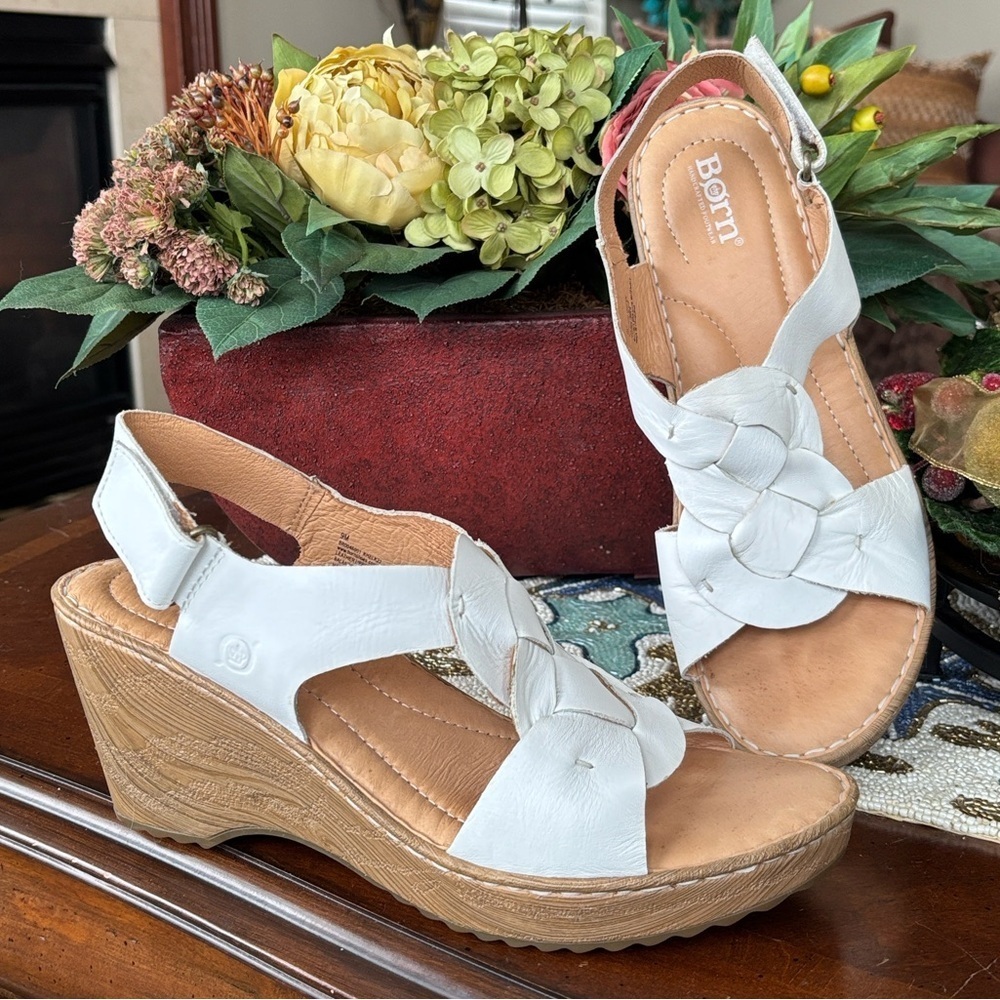 Brand New Born Genuine Leather White Nina Slingback 3" Heel Sandals Wedge Comfy